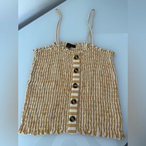 American Eagle medium tank top, yellow and white, with decorative brown buttons.